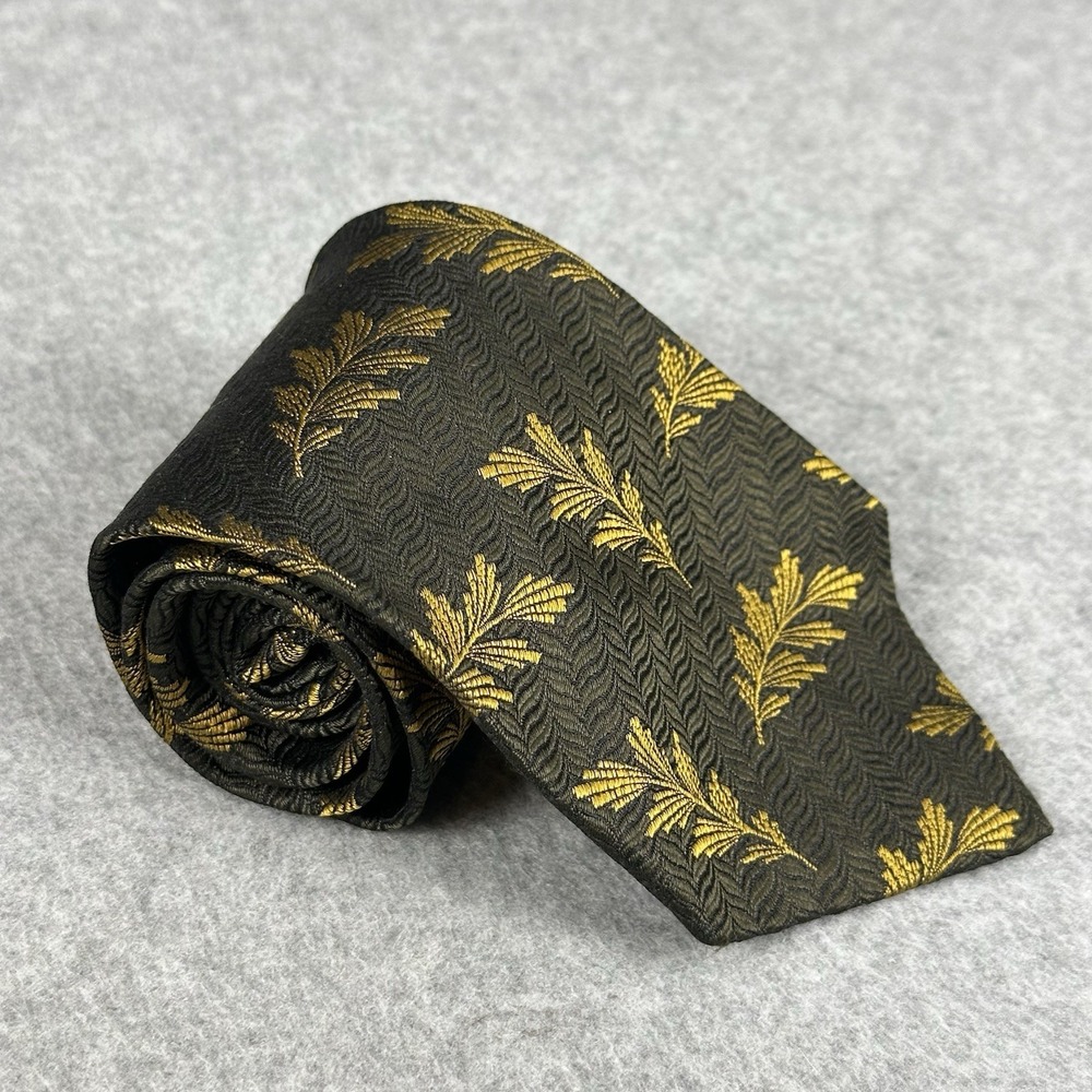 Vintage Audrey Buckner Silk Tie Black Gold Leaf Floral Jacquard Necktie 59x3.6"